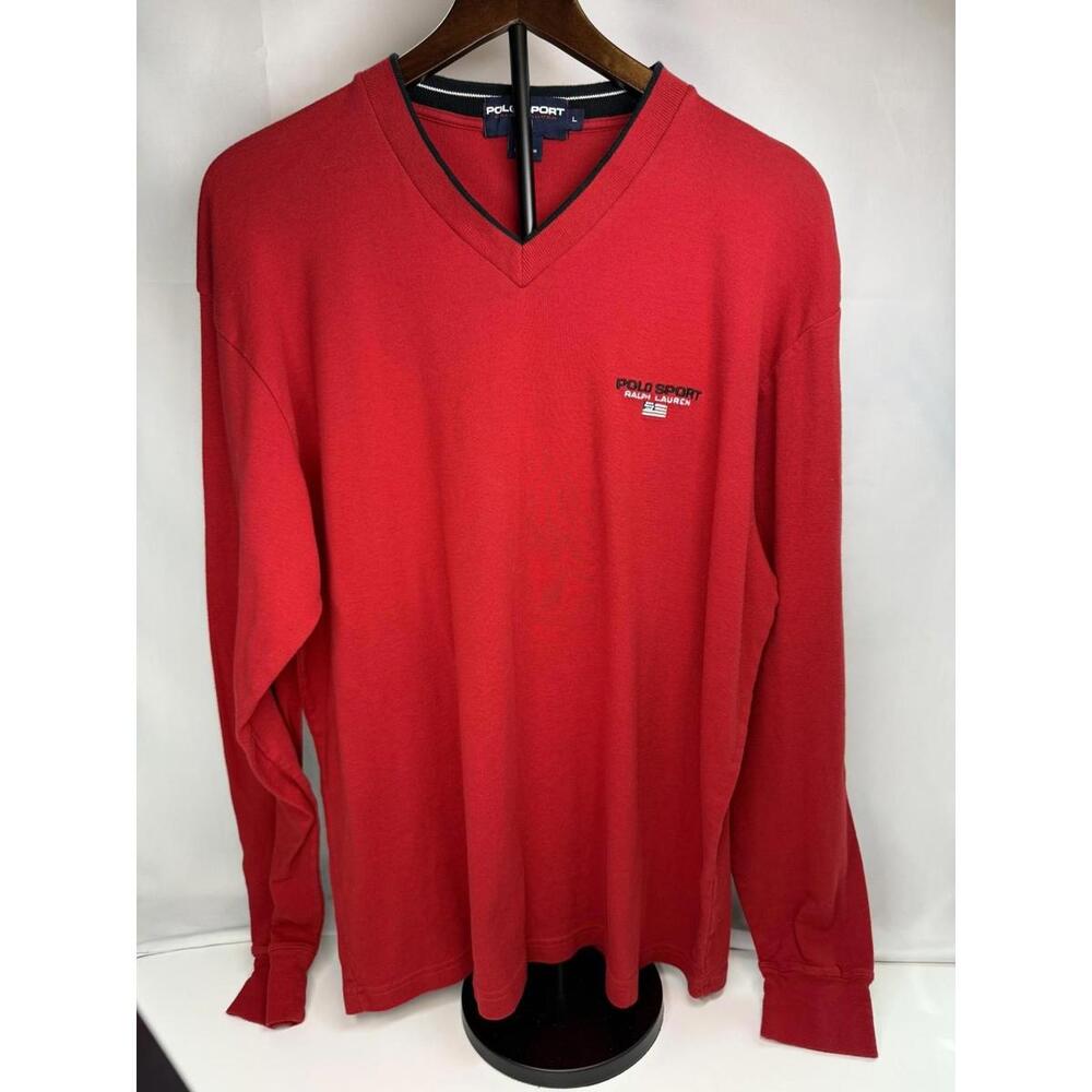 Polo Sport Ralph Lauren Shirt Mens Large‎ Red V Neck Long Sleeve Embroidered